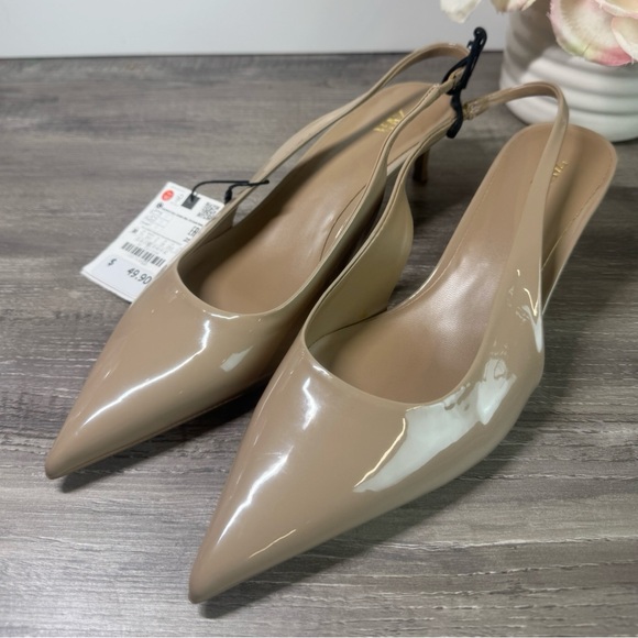BNWT Zara Faux Patent Leather Nude Slingback size 38/US7.5 - Picture 2 of 7